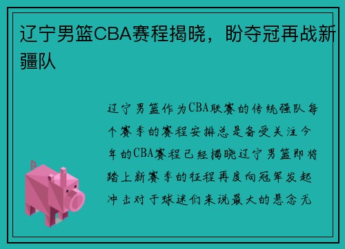 辽宁男篮CBA赛程揭晓，盼夺冠再战新疆队