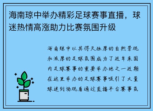 海南琼中举办精彩足球赛事直播，球迷热情高涨助力比赛氛围升级